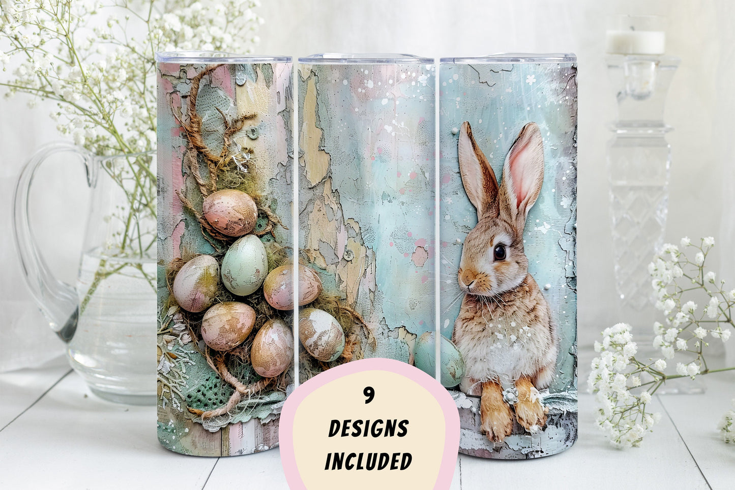 9 Easter Bunny 20oz Skinny Tumbler Sublimation Wraps | Digital Download Straight Tumbler Wrap PNG| Pastel Rabbit & Easter Egg Design Bundle