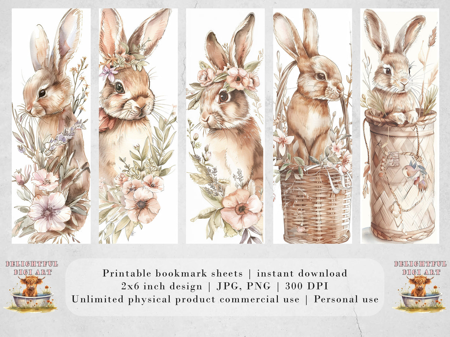 15 Floral Bunnies Printable Bookmarks| Digital Download JPG Bookmark Sheets| PNG bookmark sublimation| Easter Rabbits Gift for Girls