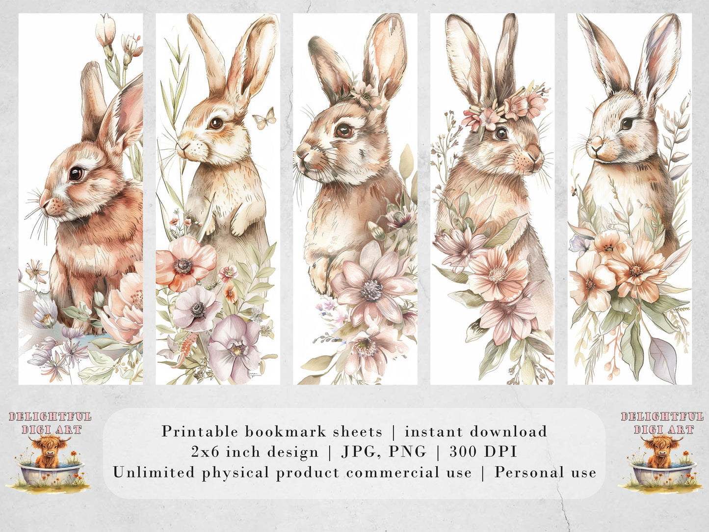 15 Floral Bunnies Printable Bookmarks| Digital Download JPG Bookmark Sheets| PNG bookmark sublimation| Easter Rabbits Gift for Girls