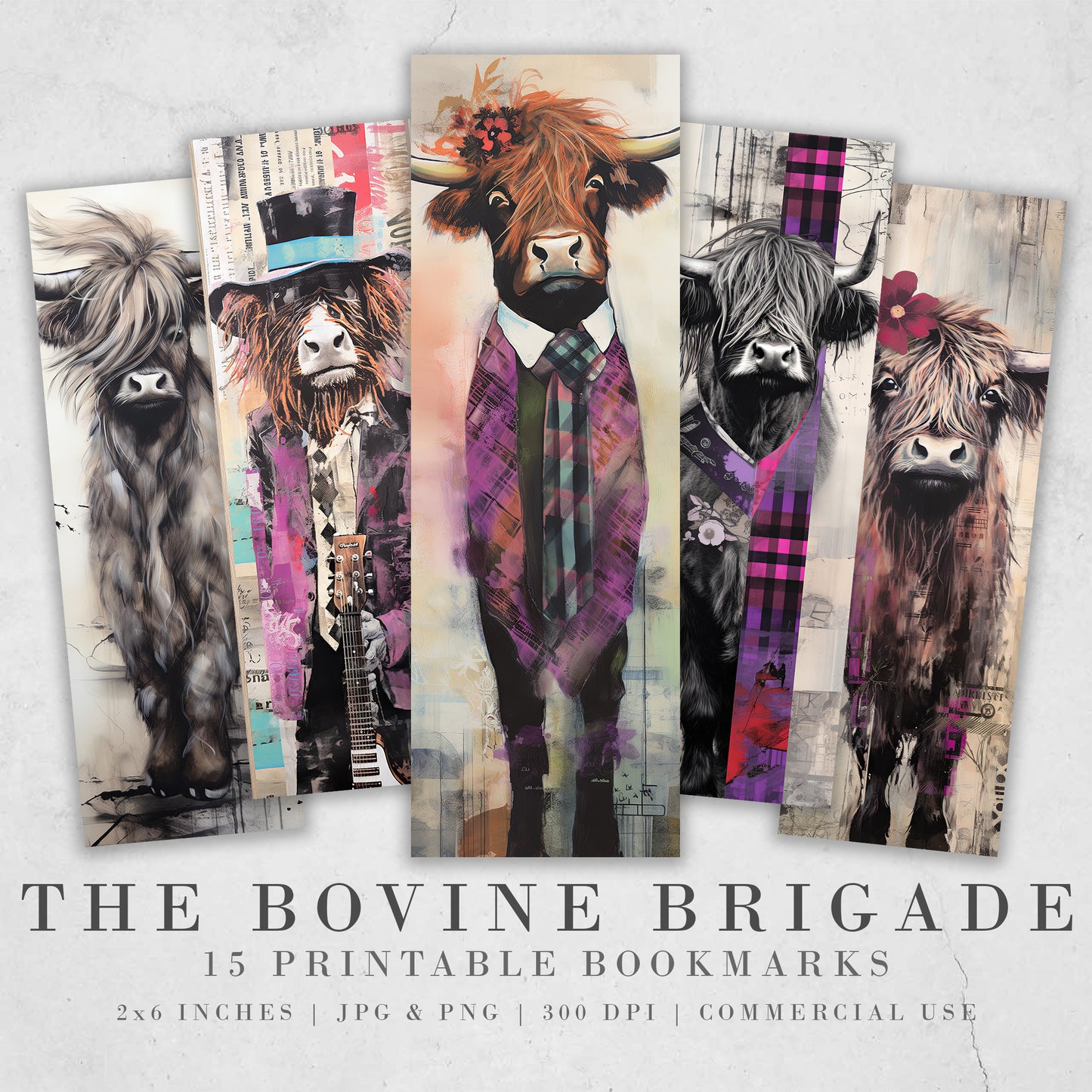 The Bovine Brigade Printable Bookmarks| 15 Quirky Mixed Media Cow Bookmark Sheets| PNG bookmark sublimation| Highland Cow Digital Bookmarks