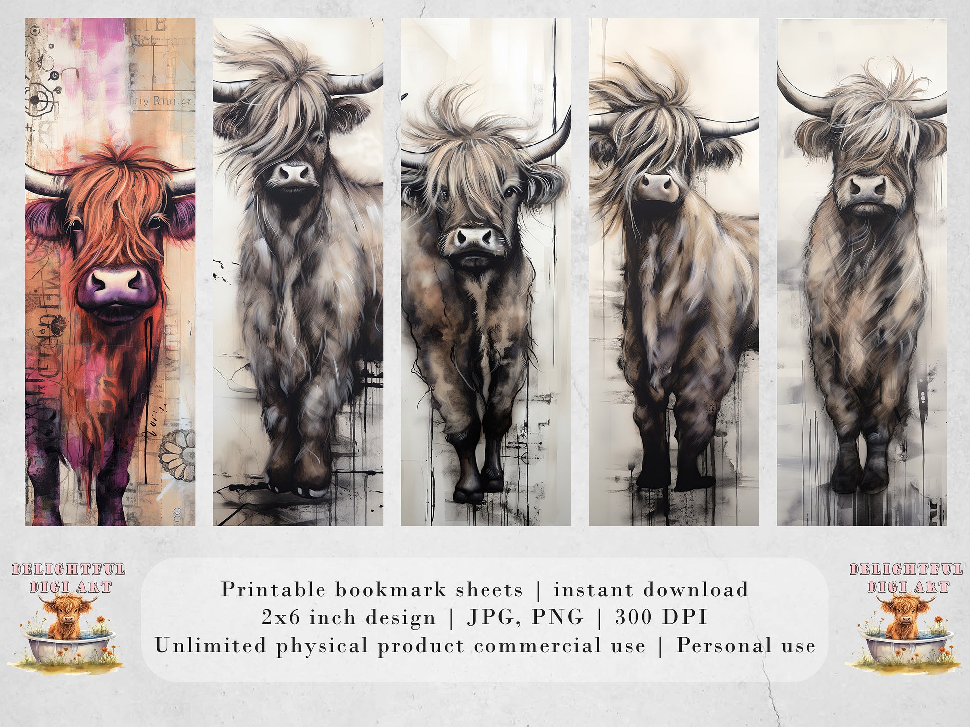 The Bovine Brigade Printable Bookmarks| 15 Quirky Mixed Media Cow Bookmark Sheets| PNG bookmark sublimation| Highland Cow Digital Bookmarks