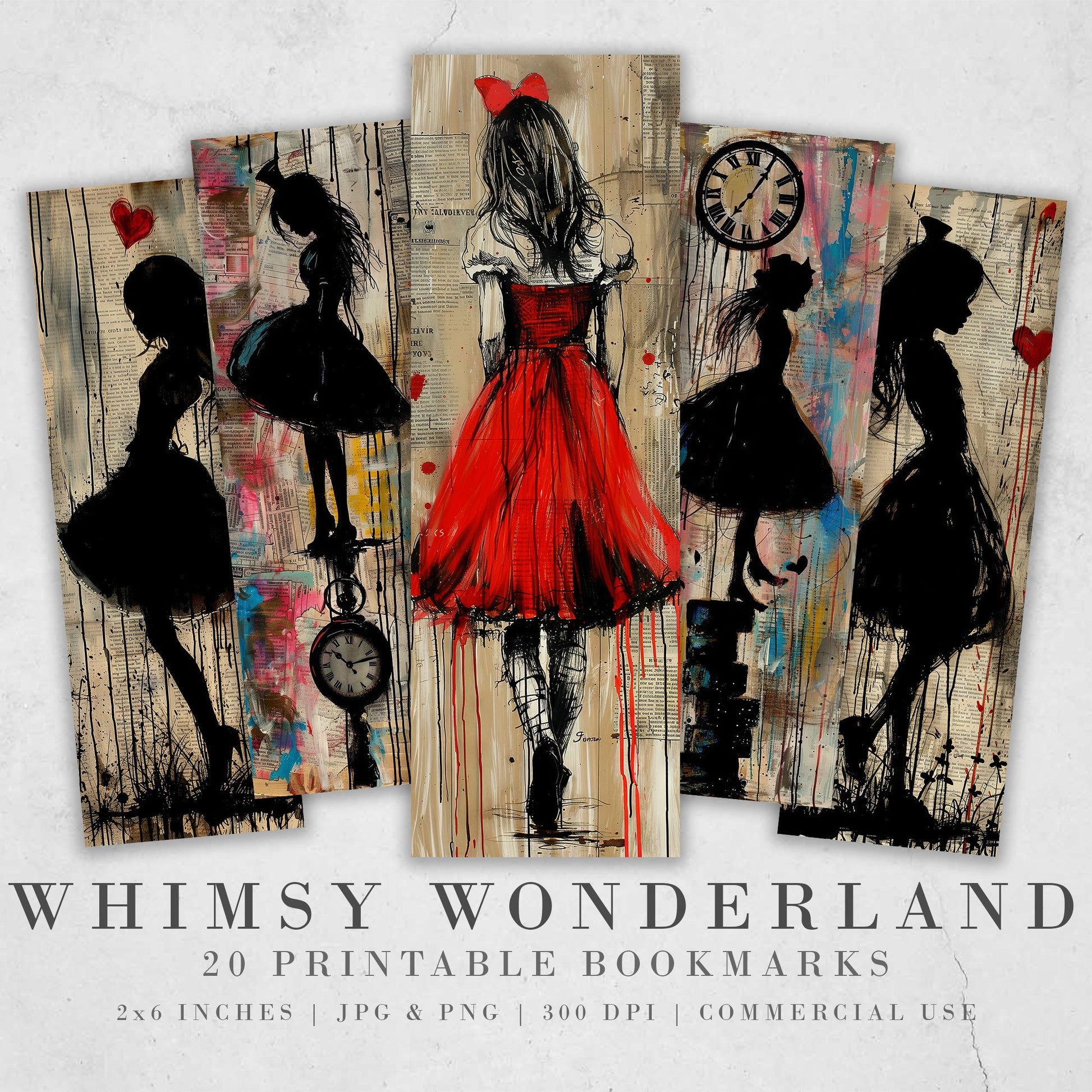 20 Whimsical Wonderland Printable Bookmarks| Mixed Media Girl Bookmark Sheets| PNG bookmark sublimation| Mixed Media Digital Bookmarks