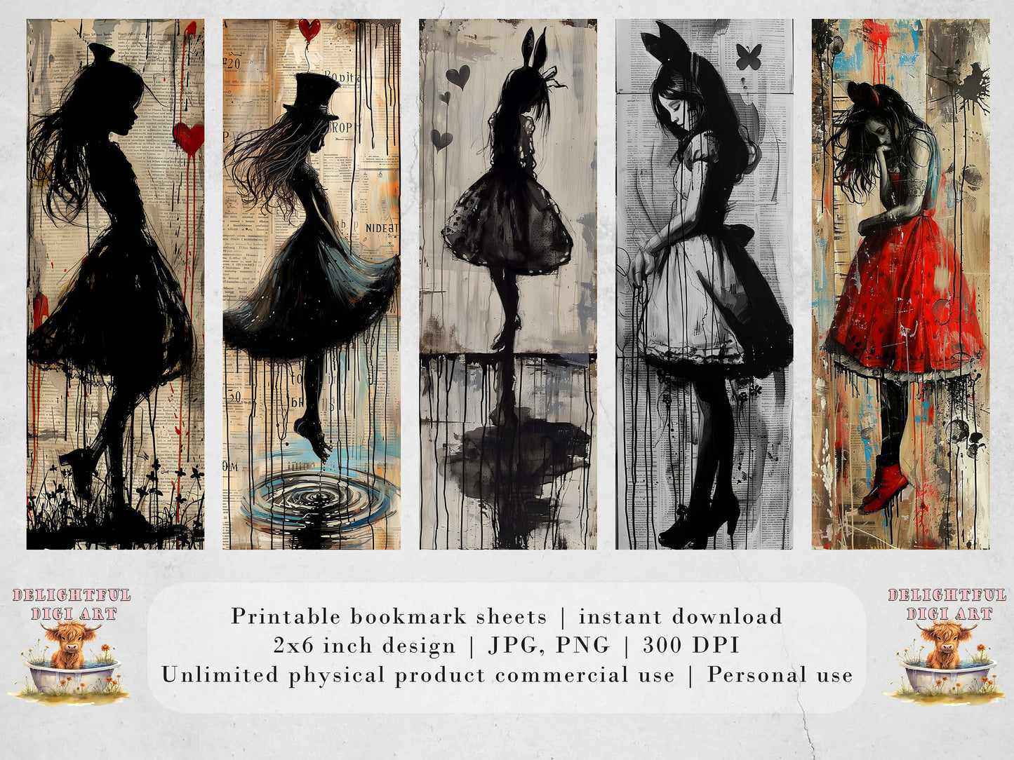 20 Whimsical Wonderland Printable Bookmarks| Mixed Media Girl Bookmark Sheets| PNG bookmark sublimation| Mixed Media Digital Bookmarks