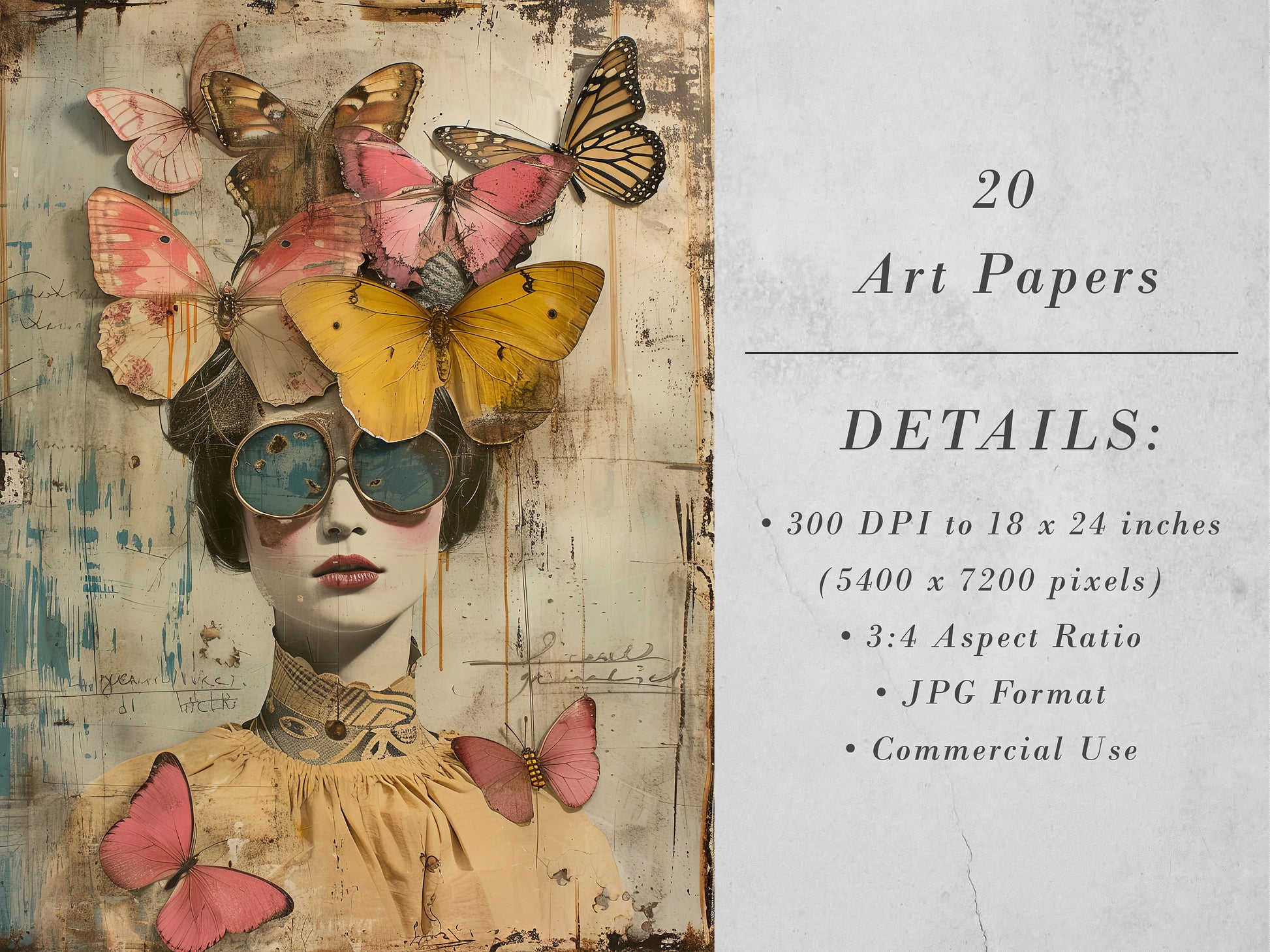 20 Whimsical Wings Printable Art Pages| Vintage Junk Journal Paper Set| Mixed Media sublimation| Fantastic Butterflies and Girls Ephemera