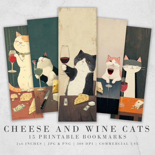 Cheese & Wine Cats Printable Bookmarks| 15 Quirky Feline Bookmark Sheets| PNG bookmark sublimation| Funny Digital Bookmarks| Book lover gift