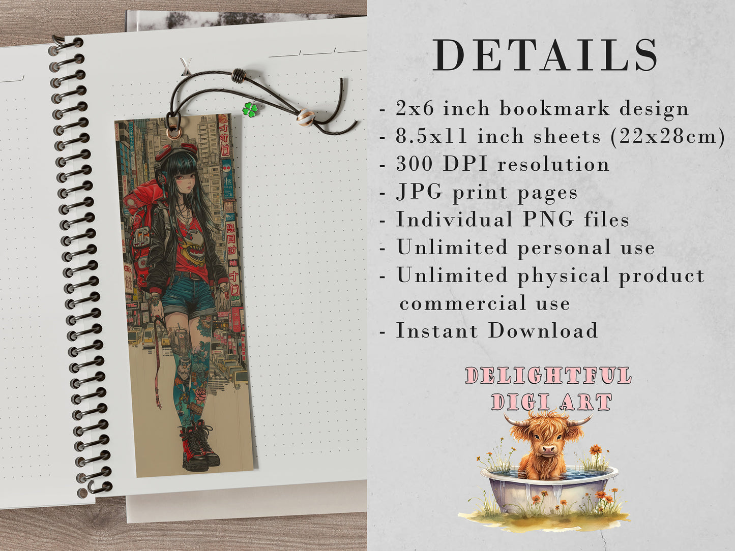 15 Anime Girls Printable Bookmarks| Cyberpunk Bookmark Sheets| PNG bookmark sublimation| Manga Digital Bookmarks tattoos and city scape