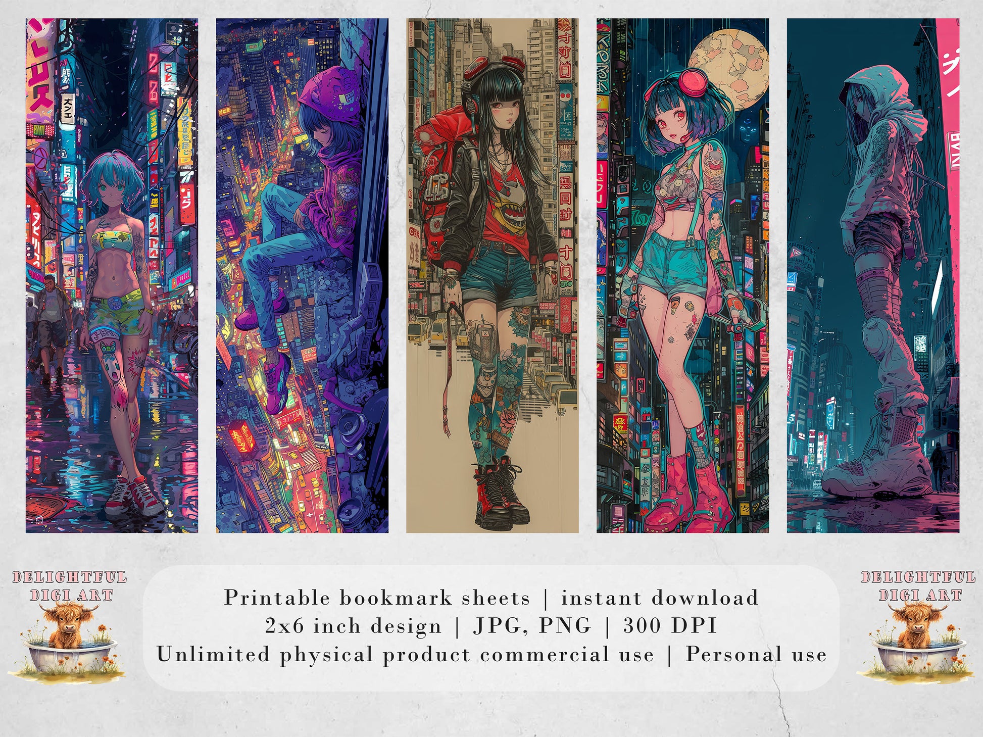 15 Anime Girls Printable Bookmarks| Cyberpunk Bookmark Sheets| PNG bookmark sublimation| Manga Digital Bookmarks tattoos and city scape