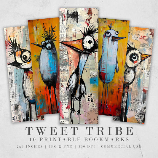 Tweet Tribe Printable Bookmarks| 10 Quirky Mixed Media Bird Bookmark Sheets| PNG bookmark sublimation| Whimsical Birds Digital Bookmarks