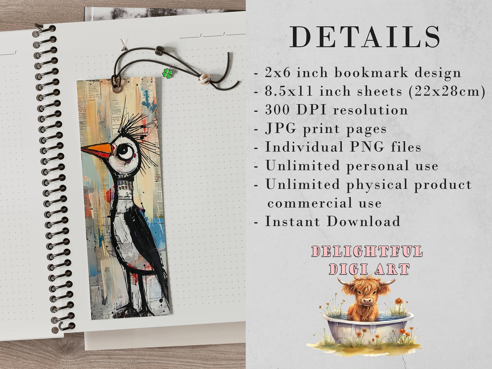 Tweet Tribe Printable Bookmarks| 10 Quirky Mixed Media Bird Bookmark Sheets| PNG bookmark sublimation| Whimsical Birds Digital Bookmarks