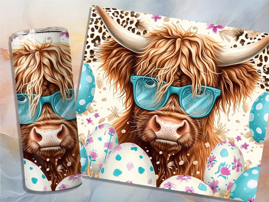 Easter Highland Cow 20oz Skinny Tumbler Sublimation Wrap | Digital Download Straight Tumbler Wrap PNG| Seamless Easter Egg Design| Cute Cow