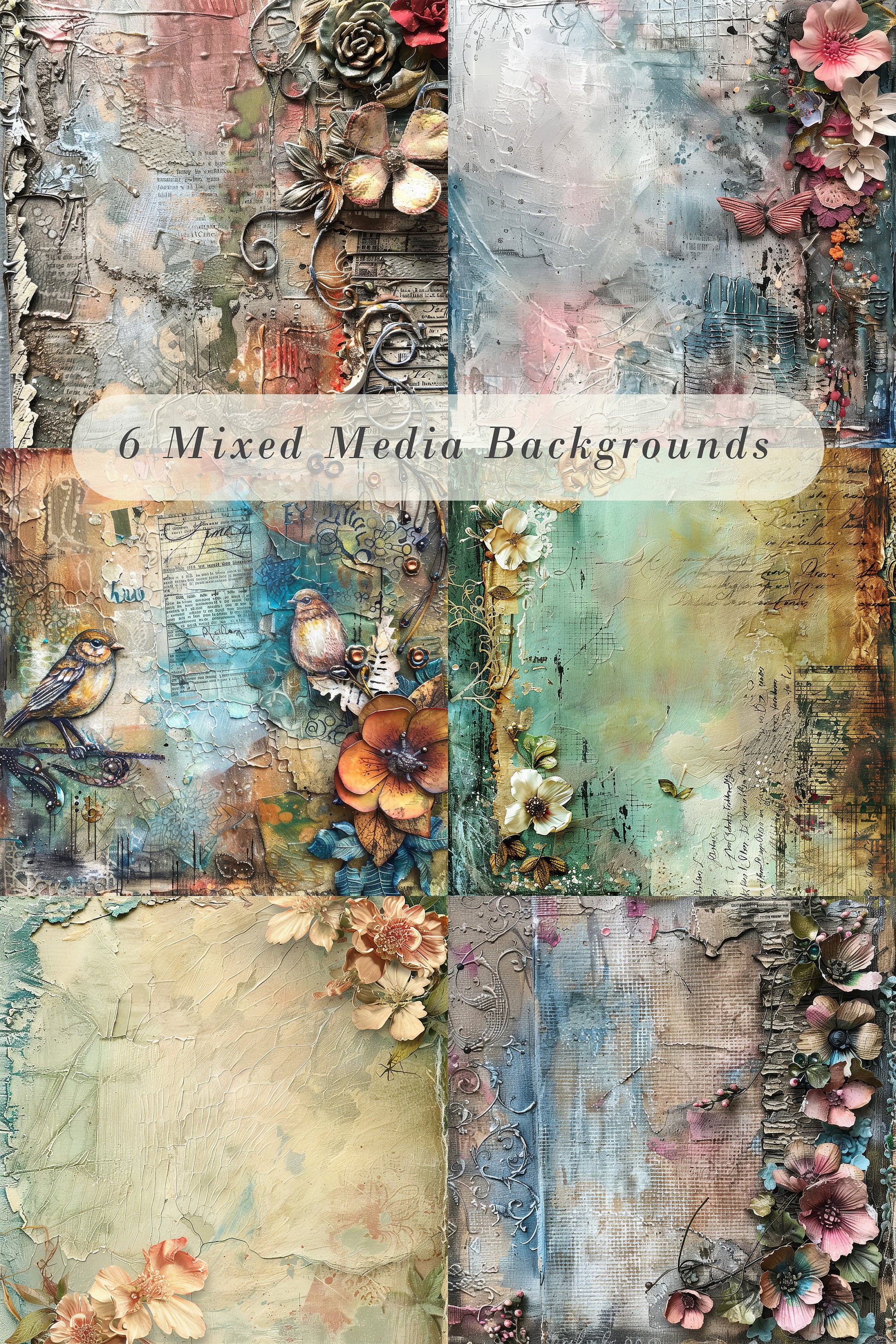 Mixed Media Birds Clipart: Quirky Birds | Whimsical Bird Graphics | Junk Journal Art | PNG Bundle| Sublimation files| Digital Illustration