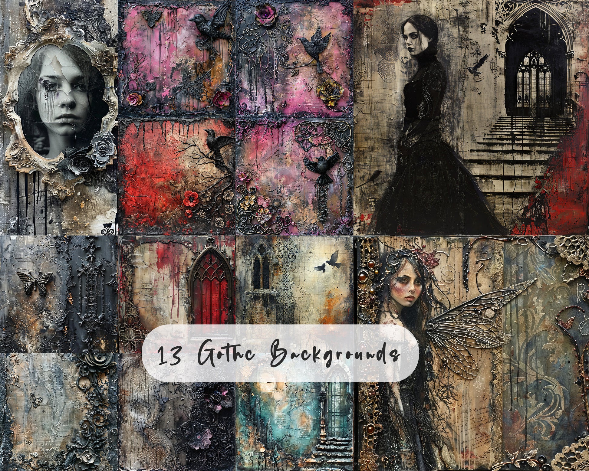 Gothic Girls - 27 PNG Elements, 13 Backgrounds, Grunge Gothic Girls & Papers, Gothic Clipart, Commercial Use, Junk Journal, Angel Wings