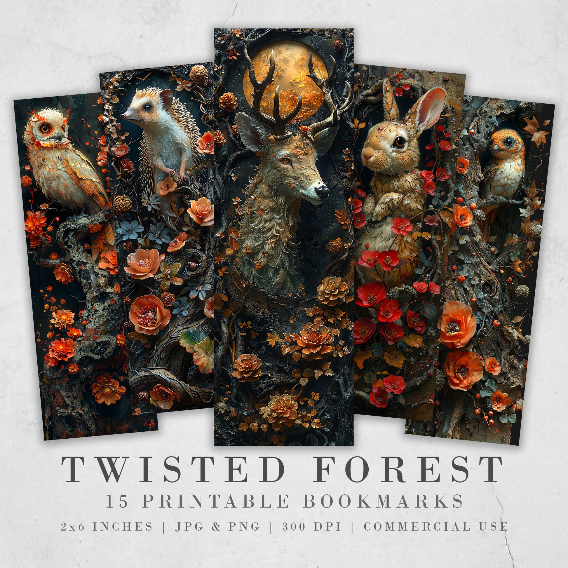 15 Twisted Forest Printable Bookmarks| Quirky Animal Bookmark Sheets| PNG bookmark sublimation| Whimsical Creatures Digital Bookmarks