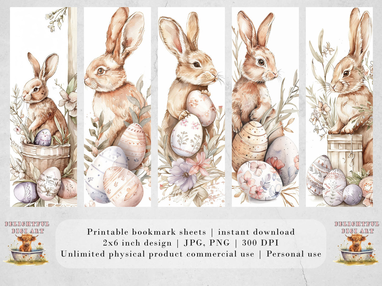 15 Easter Bunnies Printable Bookmarks | Digital Download JPG Bookmark Sheets | PNG bookmark sublimation | Floral Rabbits bookmark set | Gift