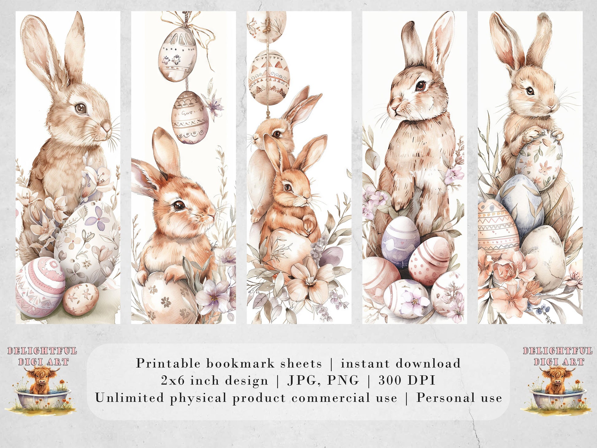 15 Easter Bunnies Printable Bookmarks | Digital Download JPG Bookmark Sheets | PNG bookmark sublimation | Floral Rabbits bookmark set | Gift