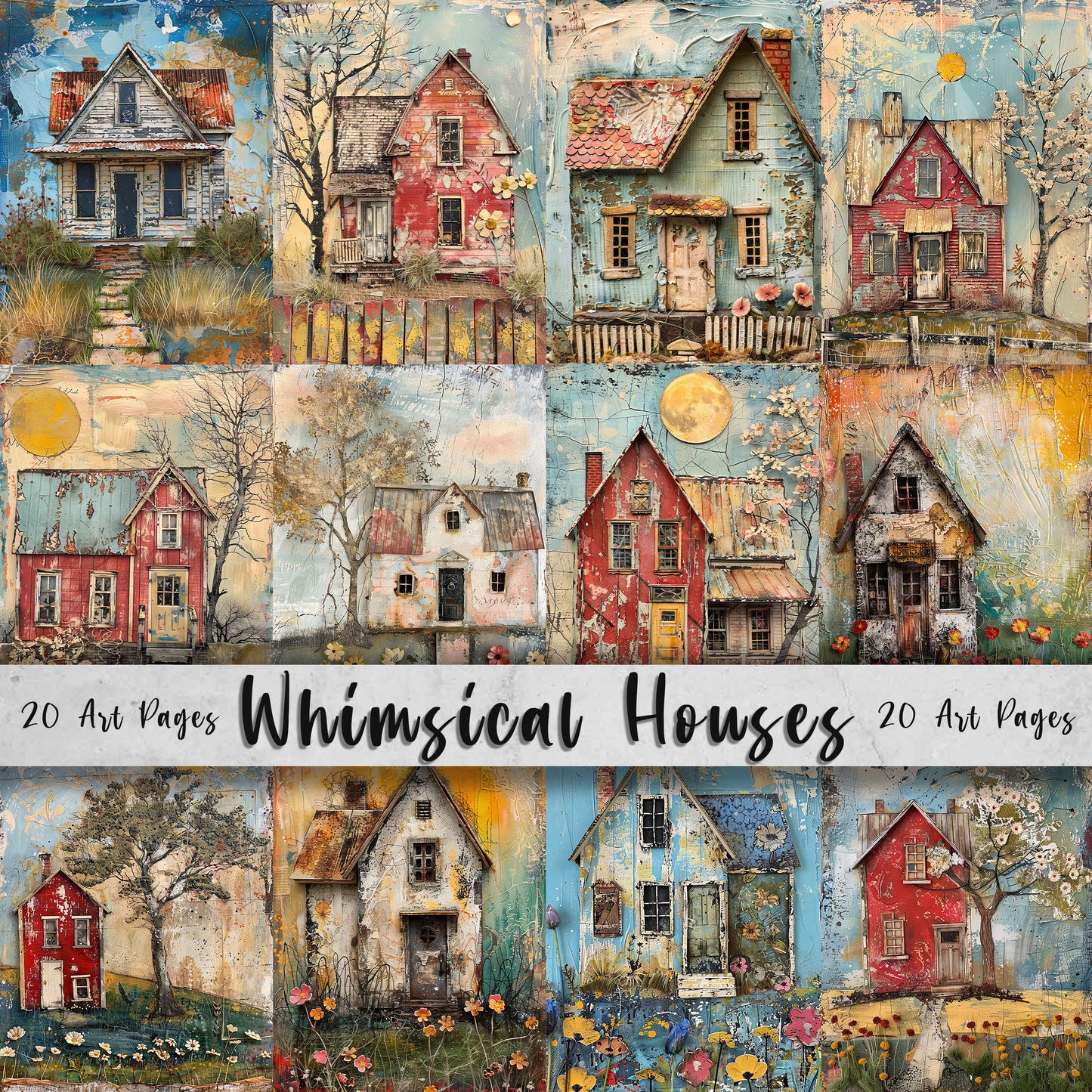 Whimsical Houses Printable Art Pages| Digital Download Paper Set| Quirky Digital Paper Mixed Media Farm Houses| Junk Journal Art Card Making