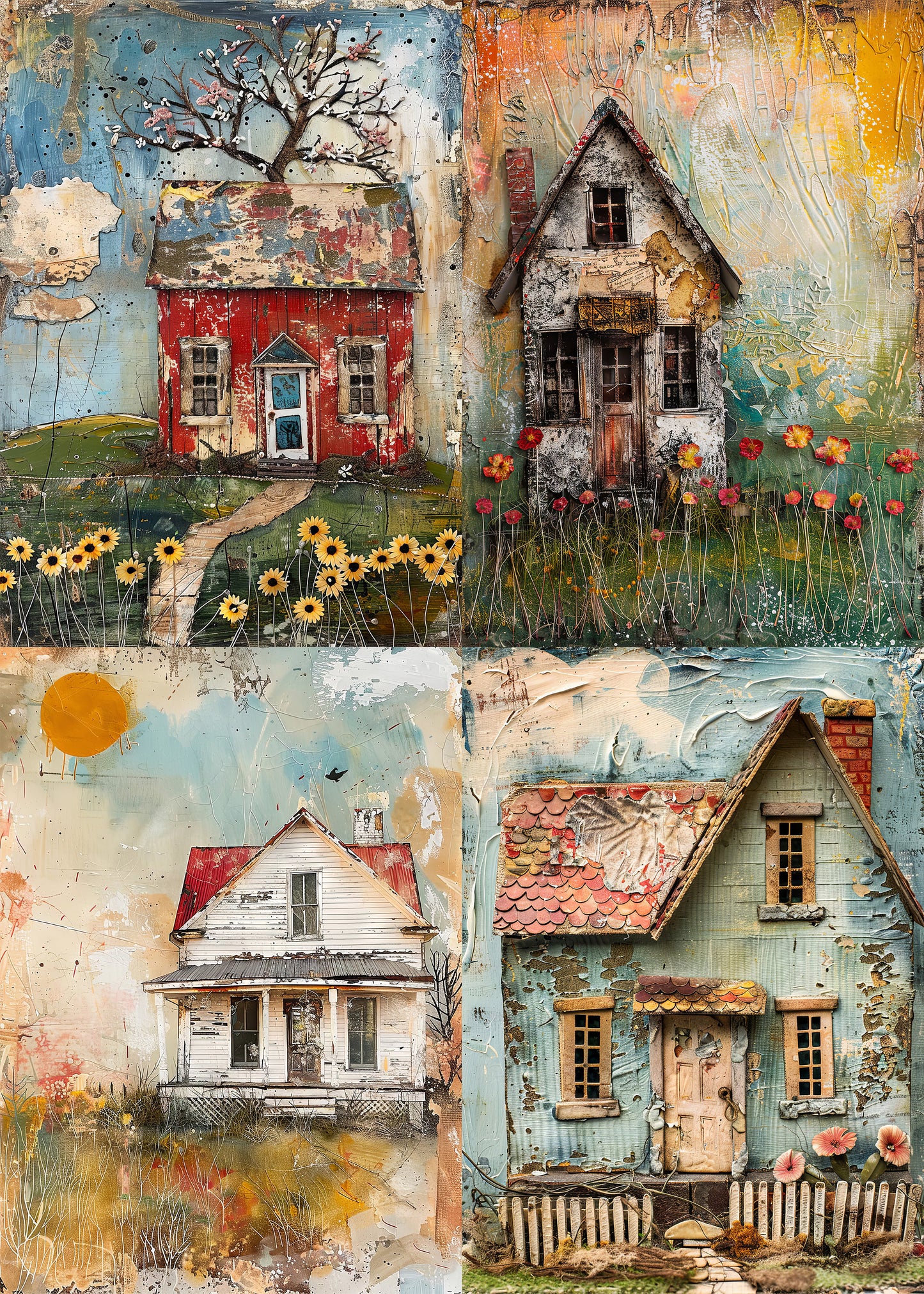 Whimsical Houses Printable Art Pages| Digital Download Paper Set| Quirky Digital Paper Mixed Media Farm Houses| Junk Journal Art Card Making