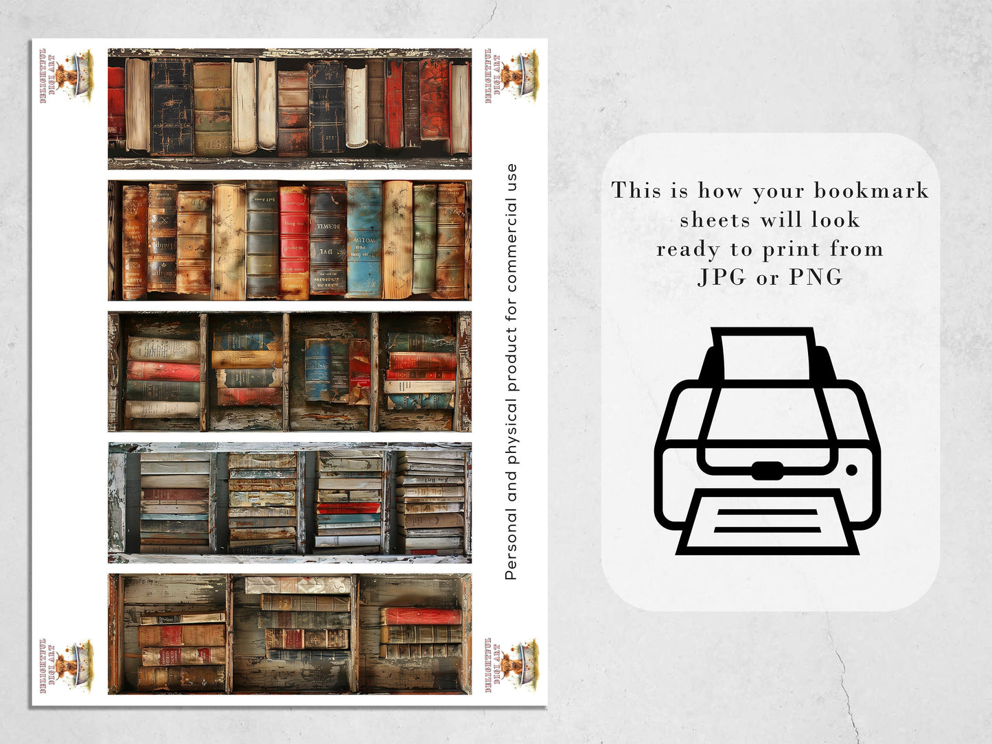 20 Vintage Bookcase Printable Bookmarks | 4 Bookmark Sheets | PNG bookmark sublimation | Distressed Old Book Shelves Ephemera | Junk Journal