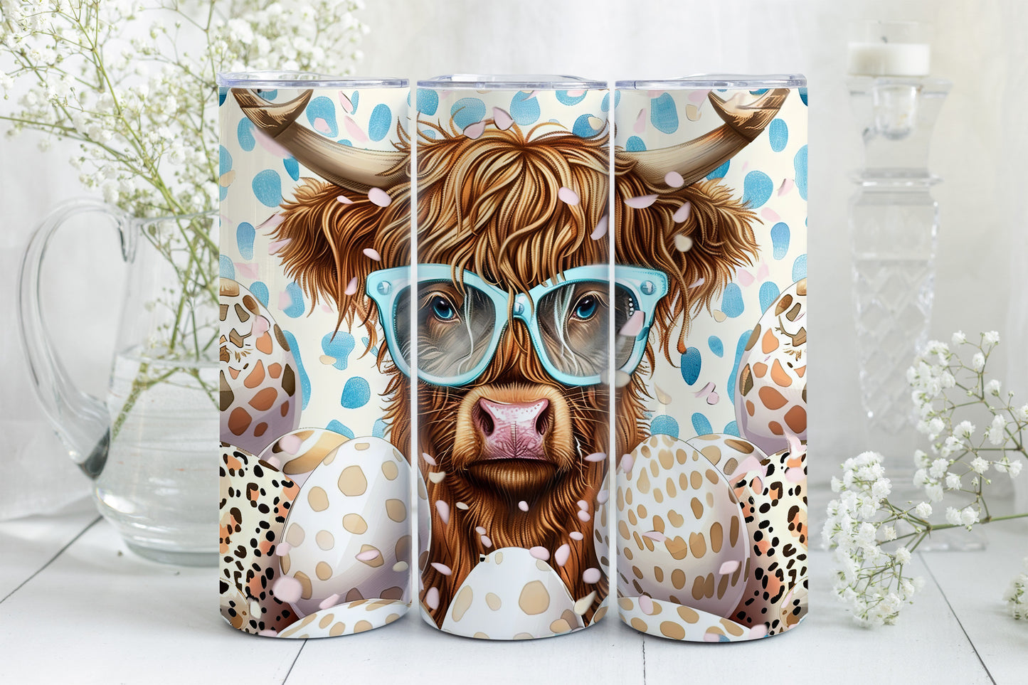 8 Easter Highland Cow 20oz Skinny Tumbler Sublimation Wraps | Digital Download Straight Tumbler Wrap PNG| Seamless Easter Egg Design Bundle