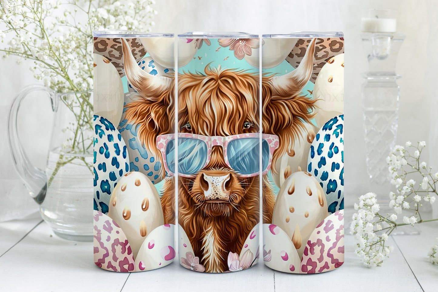 8 Easter Highland Cow 20oz Skinny Tumbler Sublimation Wraps | Digital Download Straight Tumbler Wrap PNG| Seamless Easter Egg Design Bundle