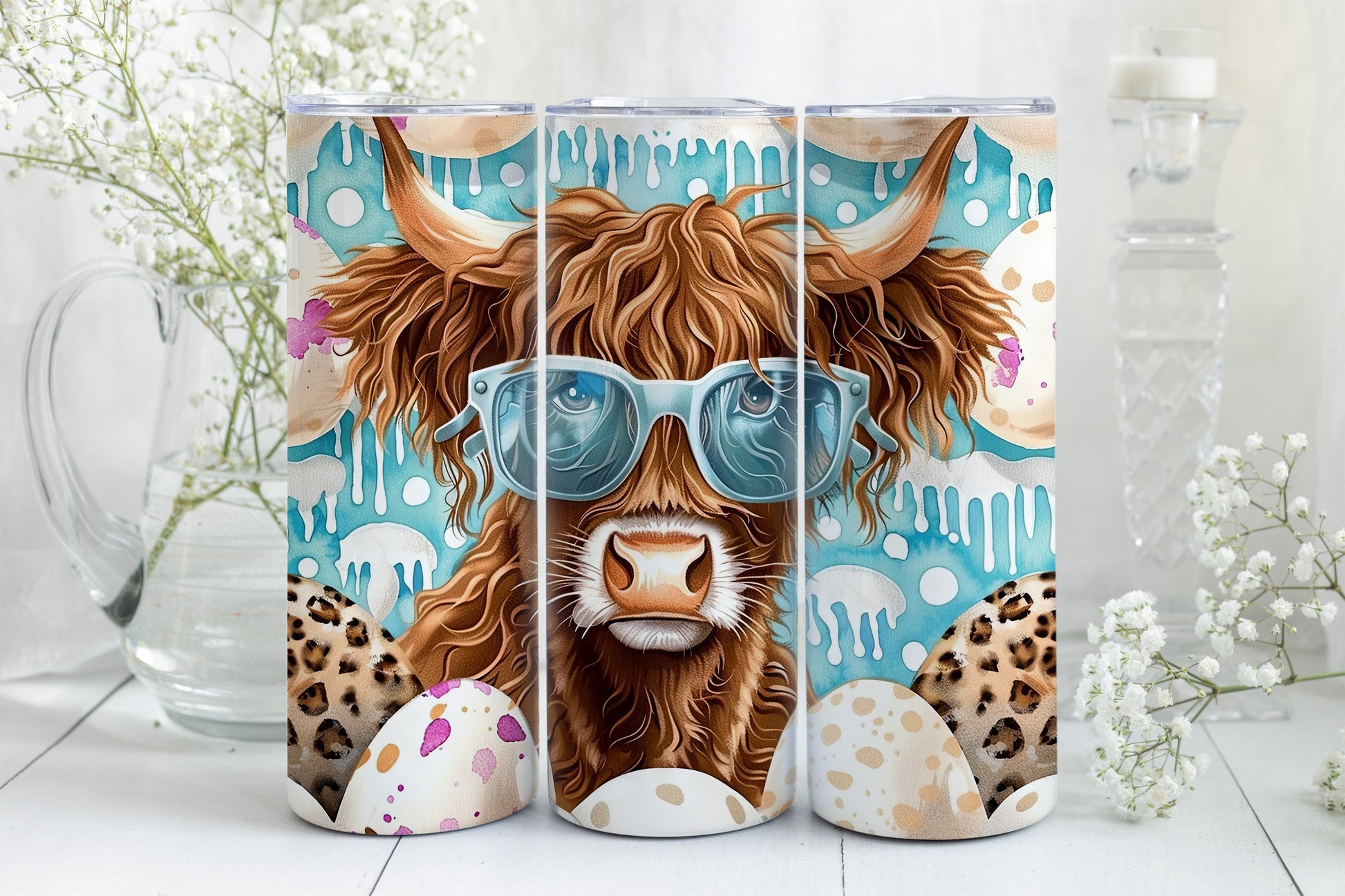 8 Easter Highland Cow 20oz Skinny Tumbler Sublimation Wraps | Digital Download Straight Tumbler Wrap PNG| Seamless Easter Egg Design Bundle