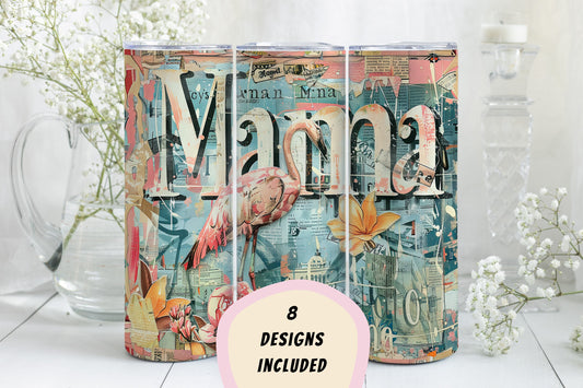 8 Mama 20oz Skinny Tumbler Sublimation Wraps | Straight Tumbler Wrap PNG| Strong Mom Seamless Design Bundle|Mixed Media Mother's Day Gift