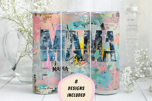 8 Mama 20oz Skinny Tumbler Sublimation Wraps | Straight Tumbler Wrap PNG| Proud Mom Seamless Design Bundle| Mixed Media Mother's Day Gift