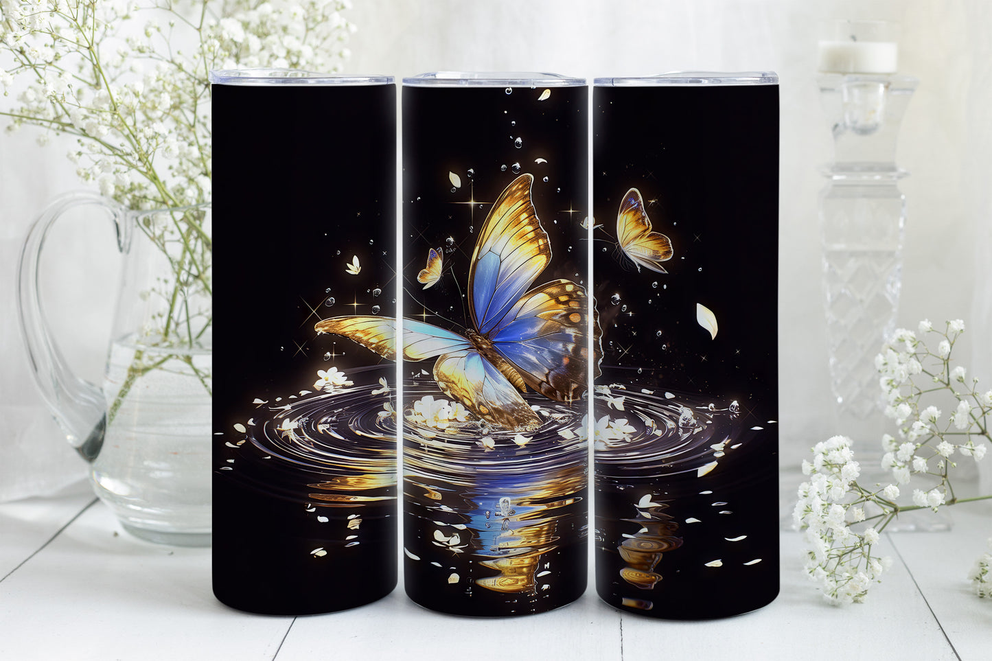 8 Butterfly 20oz Skinny Tumbler Sublimation Wraps | Straight Tumbler Wrap PNG| Golden Hour Seamless Design Bundle| Fun Mother's Day Gift