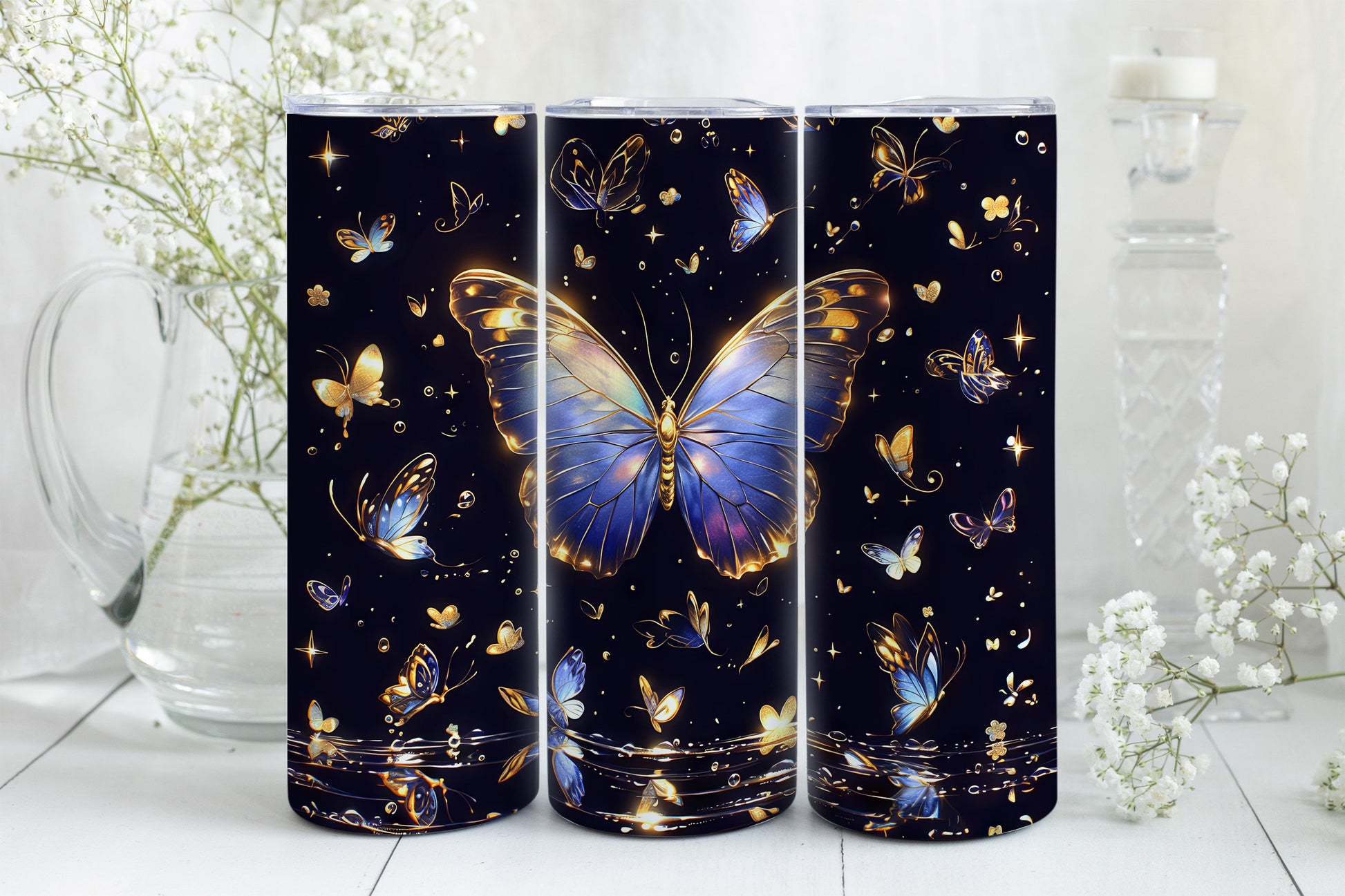 8 Butterfly 20oz Skinny Tumbler Sublimation Wraps | Straight Tumbler Wrap PNG| Golden Hour Seamless Design Bundle| Fun Mother's Day Gift