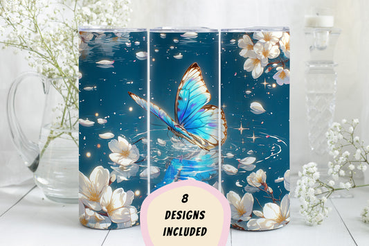 8 Butterfly 20oz Skinny Tumbler Sublimation Wraps | Straight Tumbler Wrap PNG| Golden Hour Seamless Design Bundle| Fun Mother's Day Gift