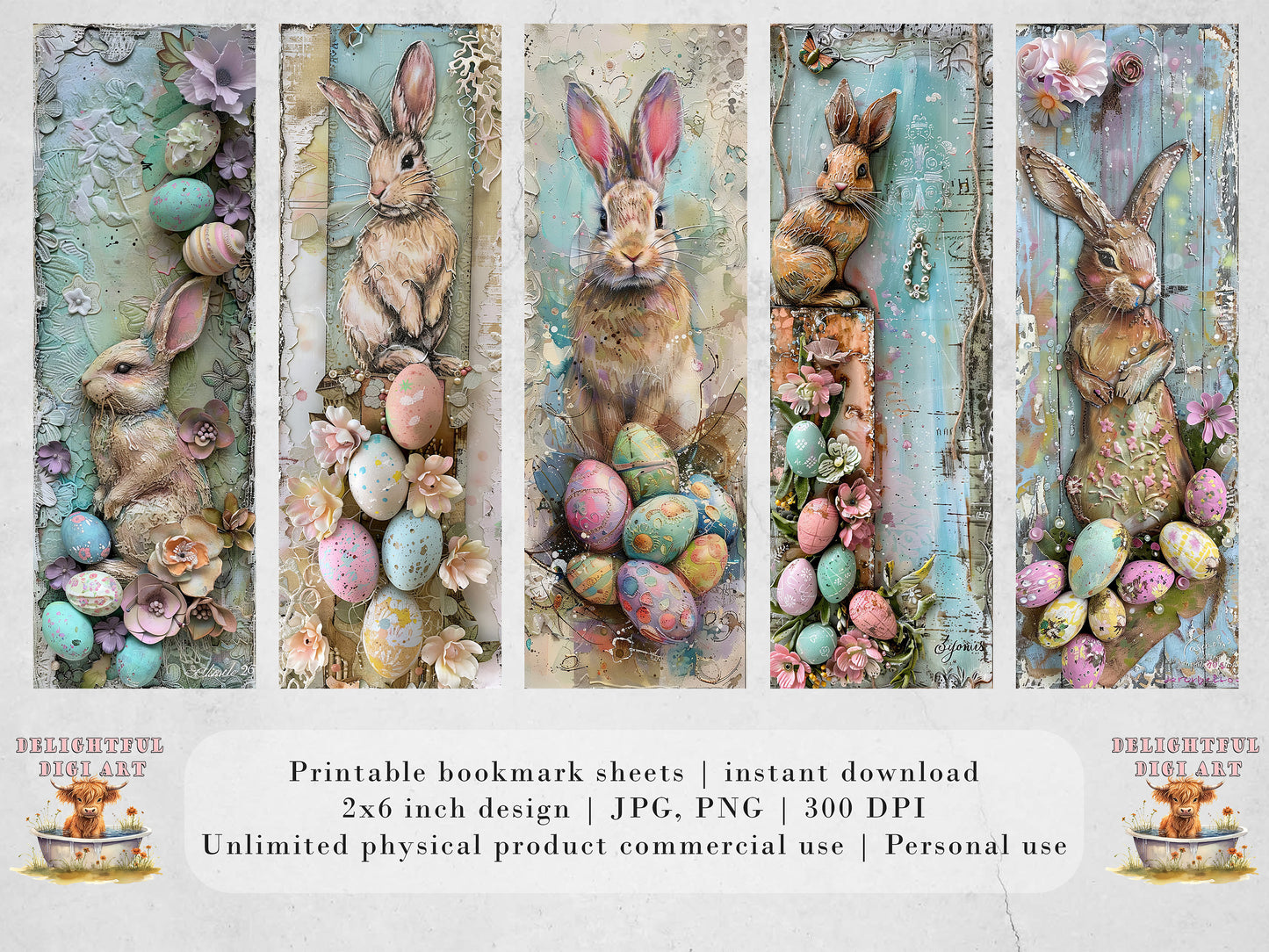 10 Easter Bunnies Printable Bookmarks | Digital Download JPG Bookmark Sheets | PNG bookmark sublimation | Mixed Media Rabbits bookmark set