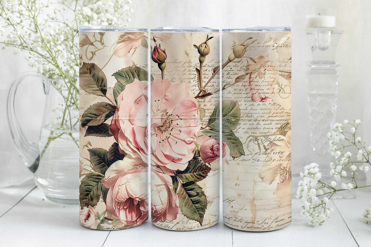 8 Junk Journal Pink Roses Tumbler Wraps, Straight 20oz Skinny Tumbler PNG, Vintage Design Bundle,Mother's Day Gift Mixed Media Flowers+Paper