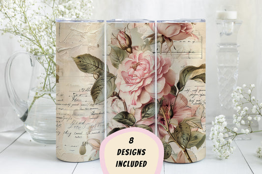 8 Junk Journal Pink Roses Tumbler Wraps, Straight 20oz Skinny Tumbler PNG, Vintage Design Bundle,Mother's Day Gift Mixed Media Flowers+Paper