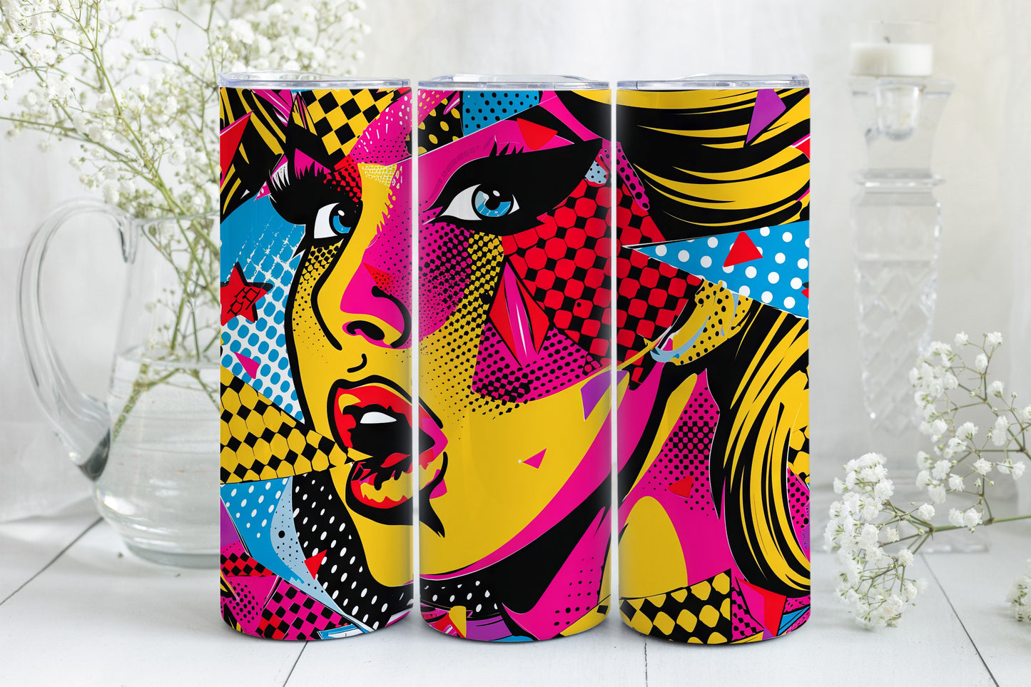 8 Pop Art 20oz Sublimation Tumbler Wrap Digital Designs, Comic Book Style PNG File Tumbler Design, Seamless Pink Yellow Blue, Preppy Pattern