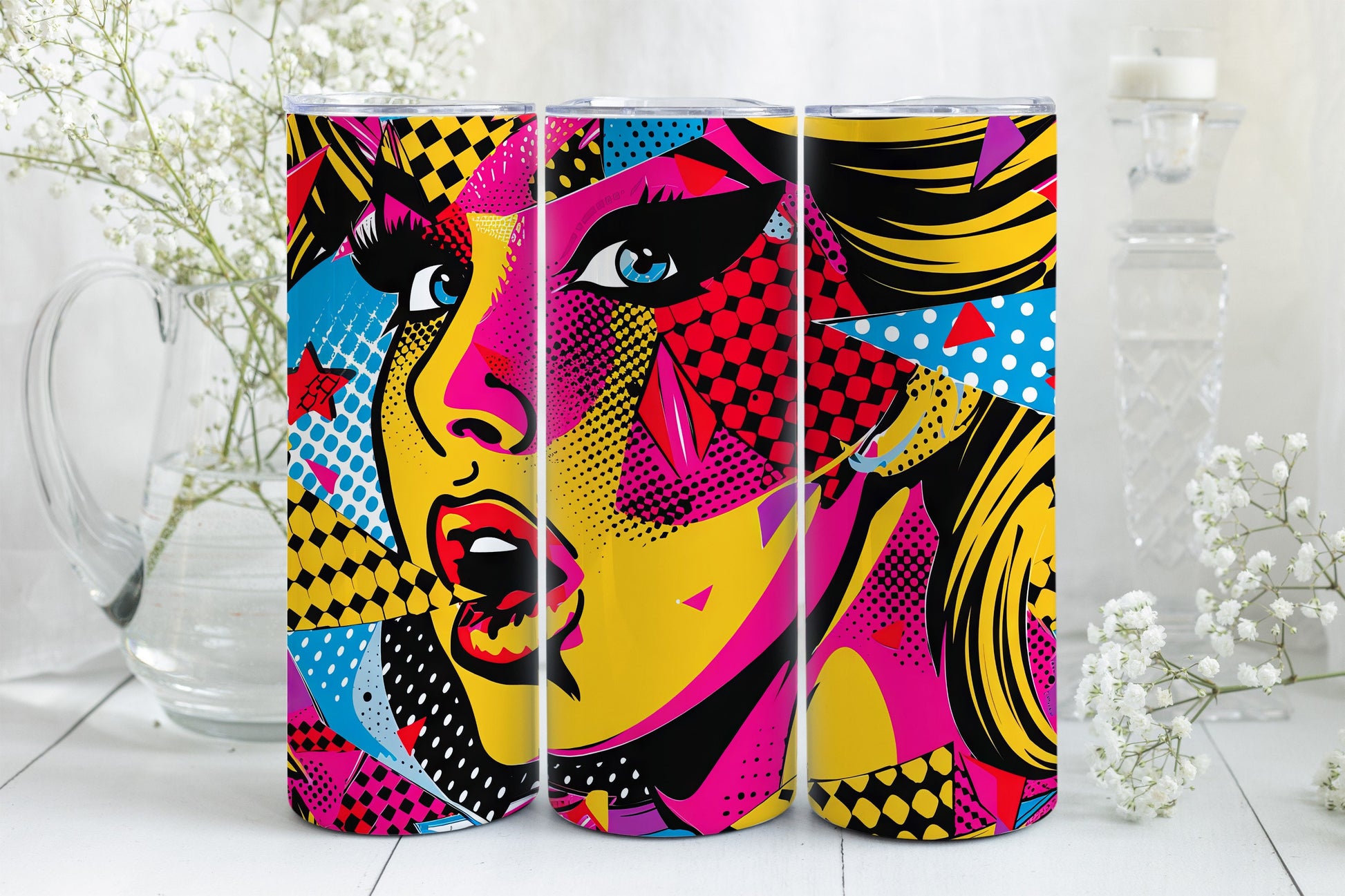 8 Pop Art 20oz Sublimation Tumbler Wrap Digital Designs, Comic Book Style PNG File Tumbler Design, Seamless Pink Yellow Blue, Preppy Pattern