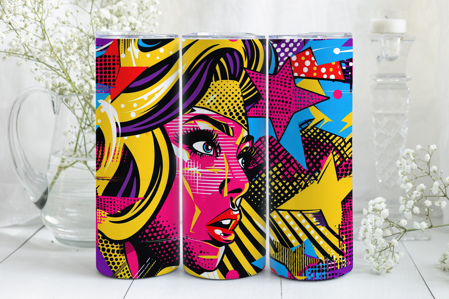 8 Pop Art 20oz Sublimation Tumbler Wrap Digital Designs, Comic Book Style PNG File Tumbler Design, Seamless Pink Yellow Blue, Preppy Pattern