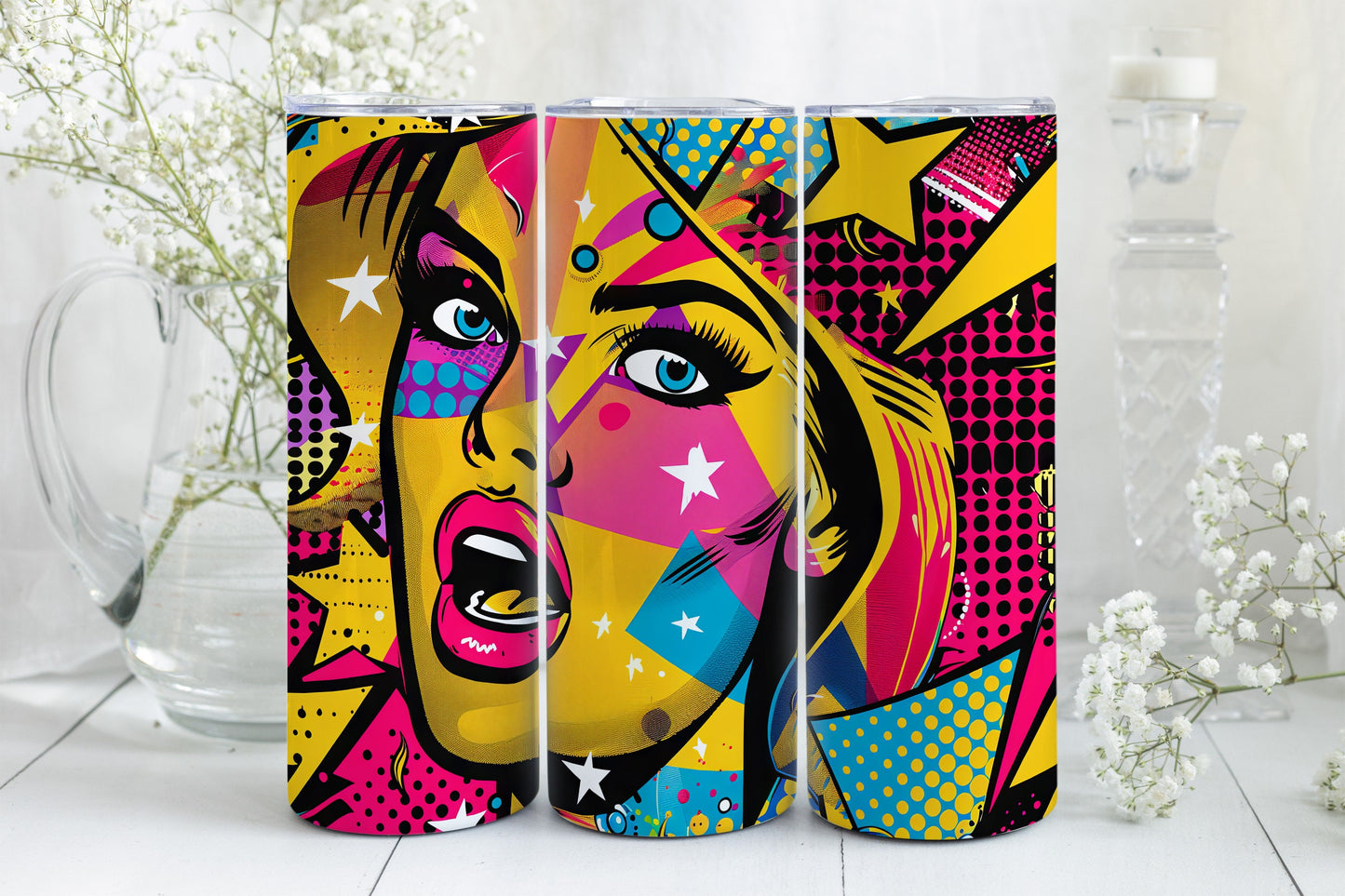 8 Pop Art 20oz Sublimation Tumbler Wrap Digital Designs, Comic Book Style PNG File Tumbler Design, Seamless Pink Yellow Blue, Preppy Pattern