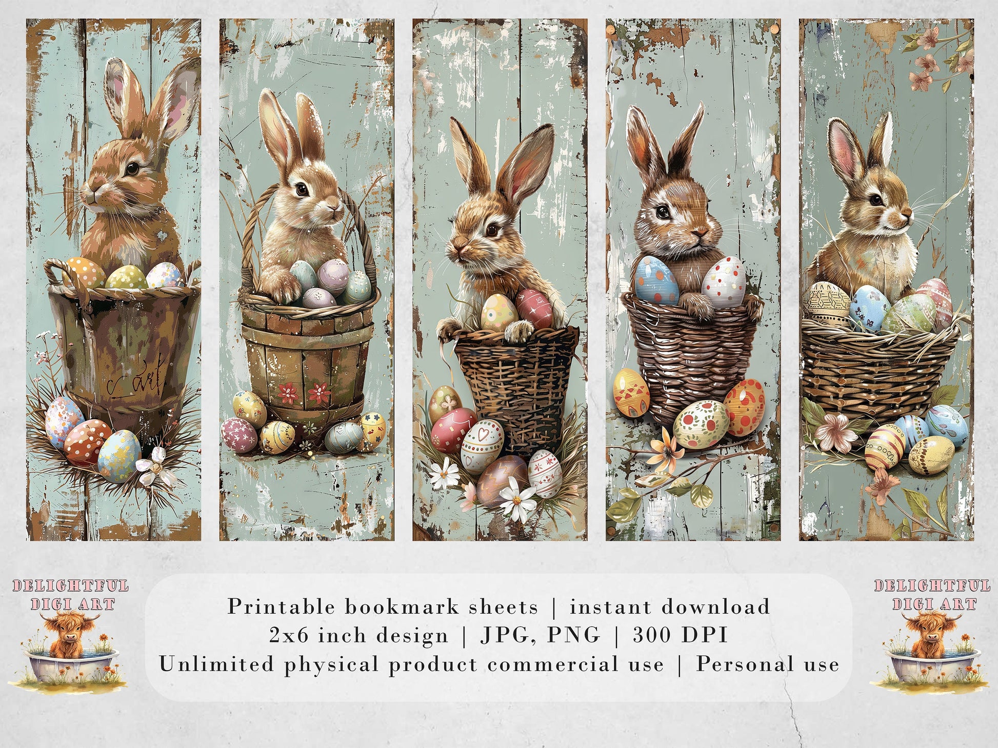 15 Easter Bunnies Printable Bookmarks| Digital Download JPG Bookmark Sheets| PNG bookmark sublimation| Cute Rabbits bookmark set Easter Gift