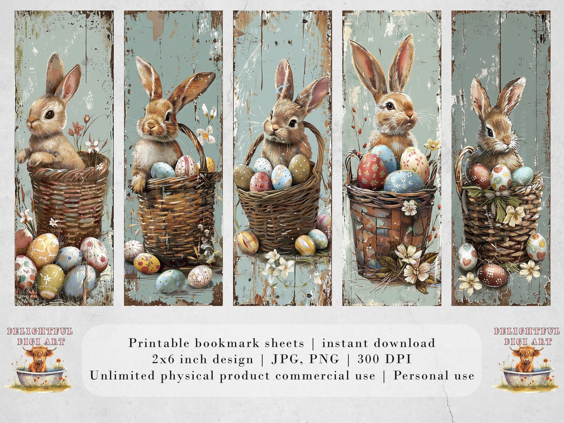 15 Easter Bunnies Printable Bookmarks| Digital Download JPG Bookmark Sheets| PNG bookmark sublimation| Cute Rabbits bookmark set Easter Gift