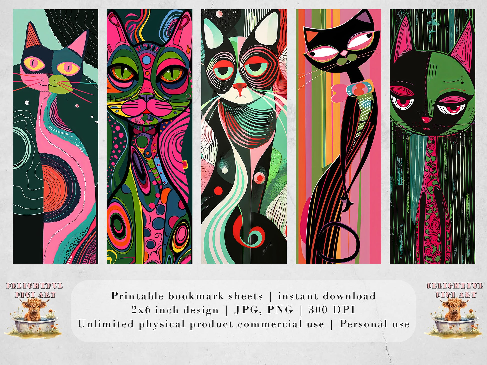 Meow Masterpieces Printable Bookmarks| 10 Quirky Cat Line Drawing Bookmark Sheets PNG bookmark sublimation Bright Colors 1950s Pop Art Style