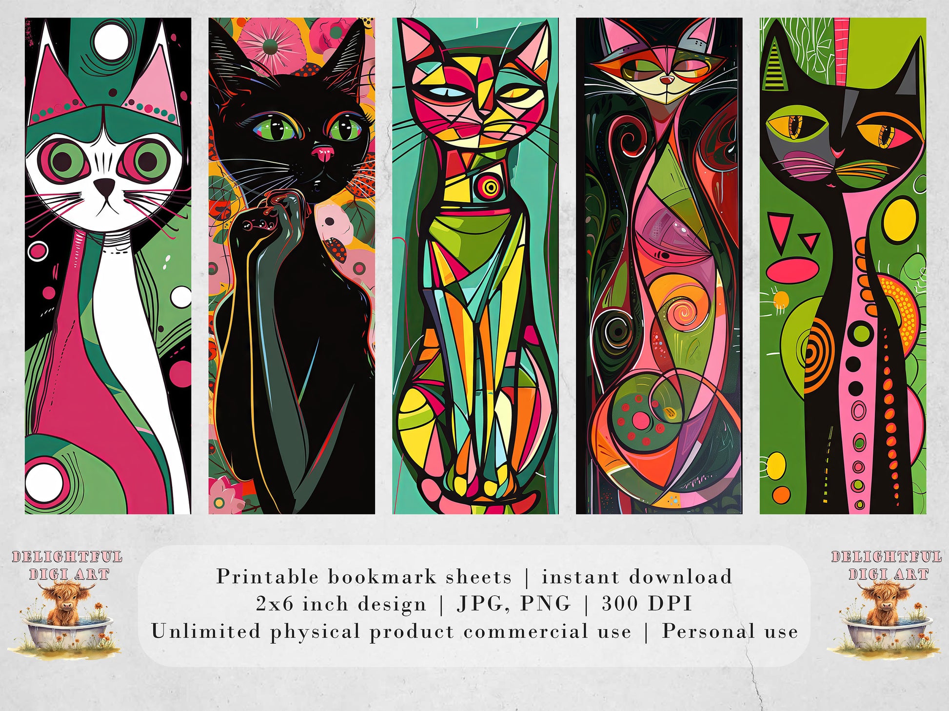 Meow Masterpieces Printable Bookmarks| 10 Quirky Cat Line Drawing Bookmark Sheets PNG bookmark sublimation Bright Colors 1950s Pop Art Style