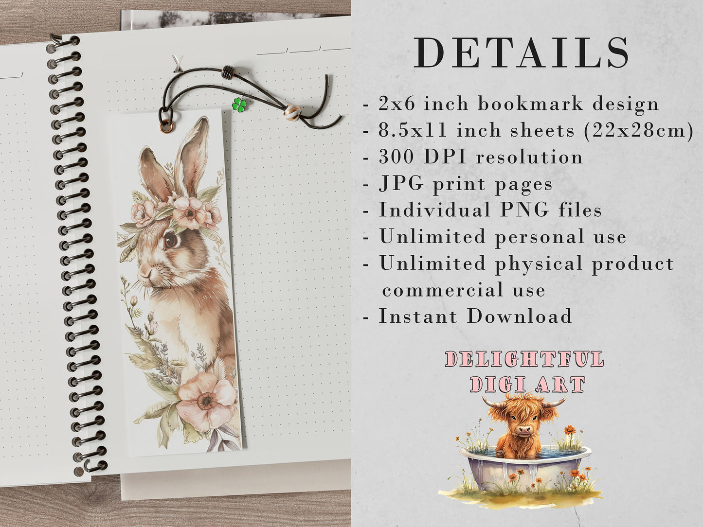 15 Floral Bunnies Printable Bookmarks| Digital Download JPG Bookmark Sheets| PNG bookmark sublimation| Easter Rabbits Gift for Girls