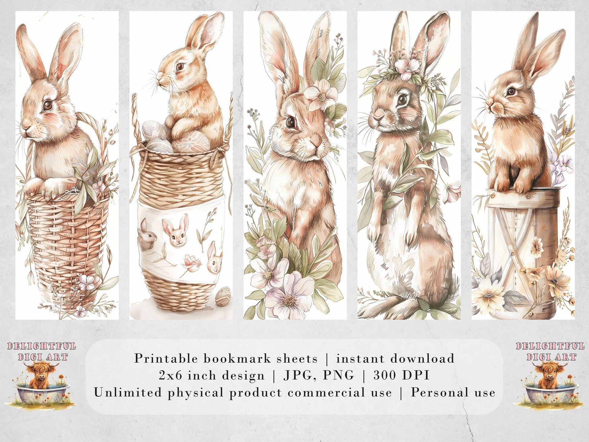 15 Floral Bunnies Printable Bookmarks| Digital Download JPG Bookmark Sheets| PNG bookmark sublimation| Easter Rabbits Gift for Girls