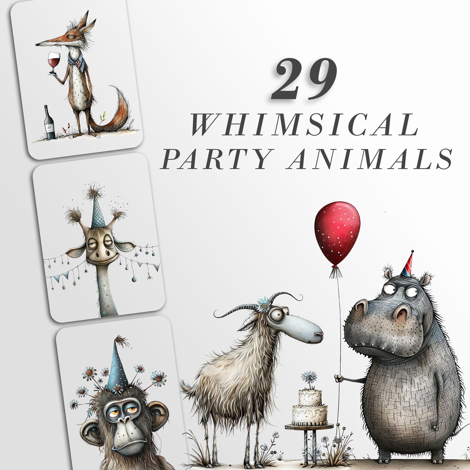 Whimsical Party Animals: Funny Birthday Graphics for Crafts and Decor | PNG Bundle | Sublimation files| Quirky Creatures Clipart Hilarious