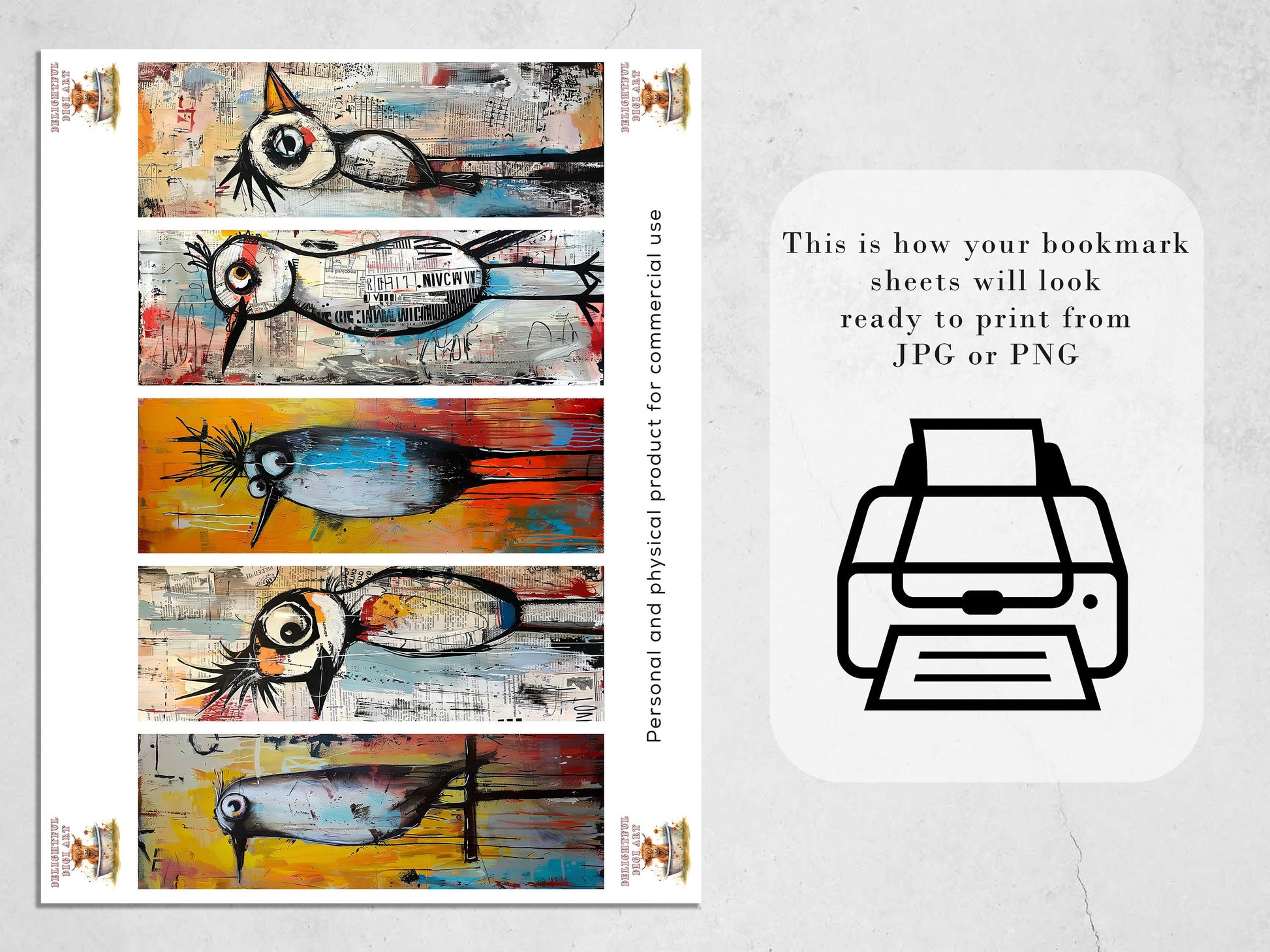 Tweet Tribe Printable Bookmarks| 10 Quirky Mixed Media Bird Bookmark Sheets| PNG bookmark sublimation| Whimsical Birds Digital Bookmarks