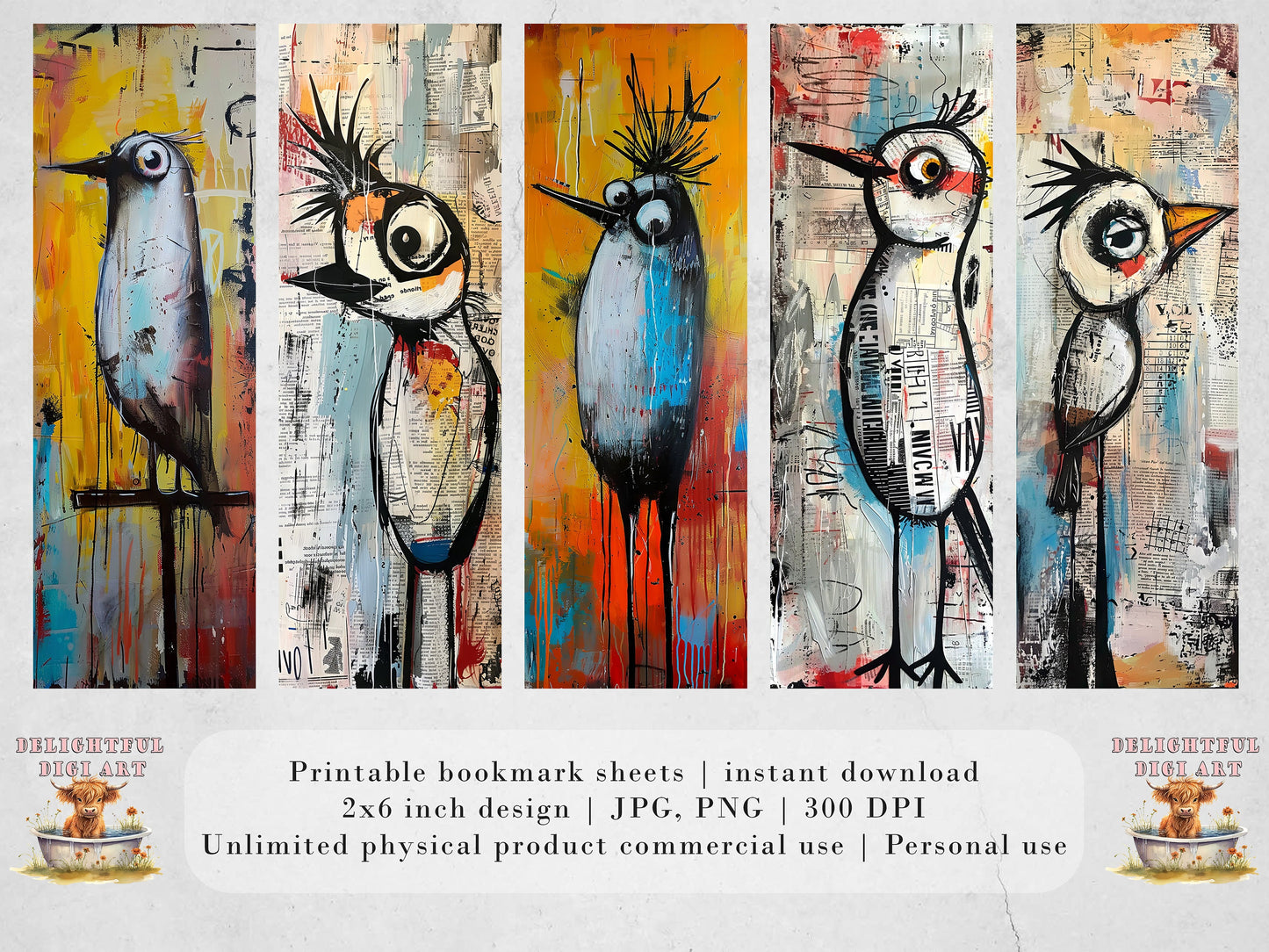 Tweet Tribe Printable Bookmarks| 10 Quirky Mixed Media Bird Bookmark Sheets| PNG bookmark sublimation| Whimsical Birds Digital Bookmarks