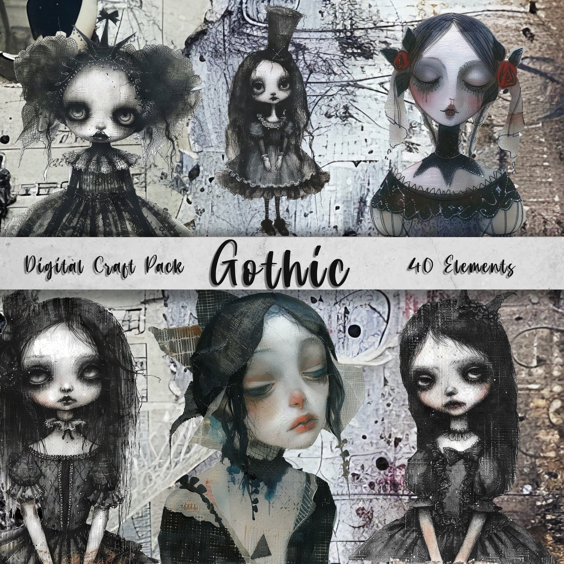 Gothic Girls - 27 PNG Elements, 13 Backgrounds, Grunge Gothic Girls & Papers, Gothic Clipart, Commercial Use, Junk Journal, Angel Wings