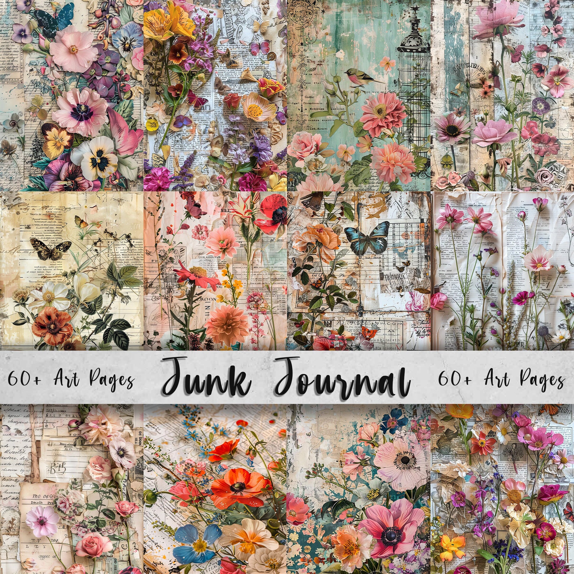 Floral Junk Journal Printable Art Pages| Digital Download Paper Set| Vintage Style Digital Paper| Ephemera| Digital Collage| Scrapbook Art