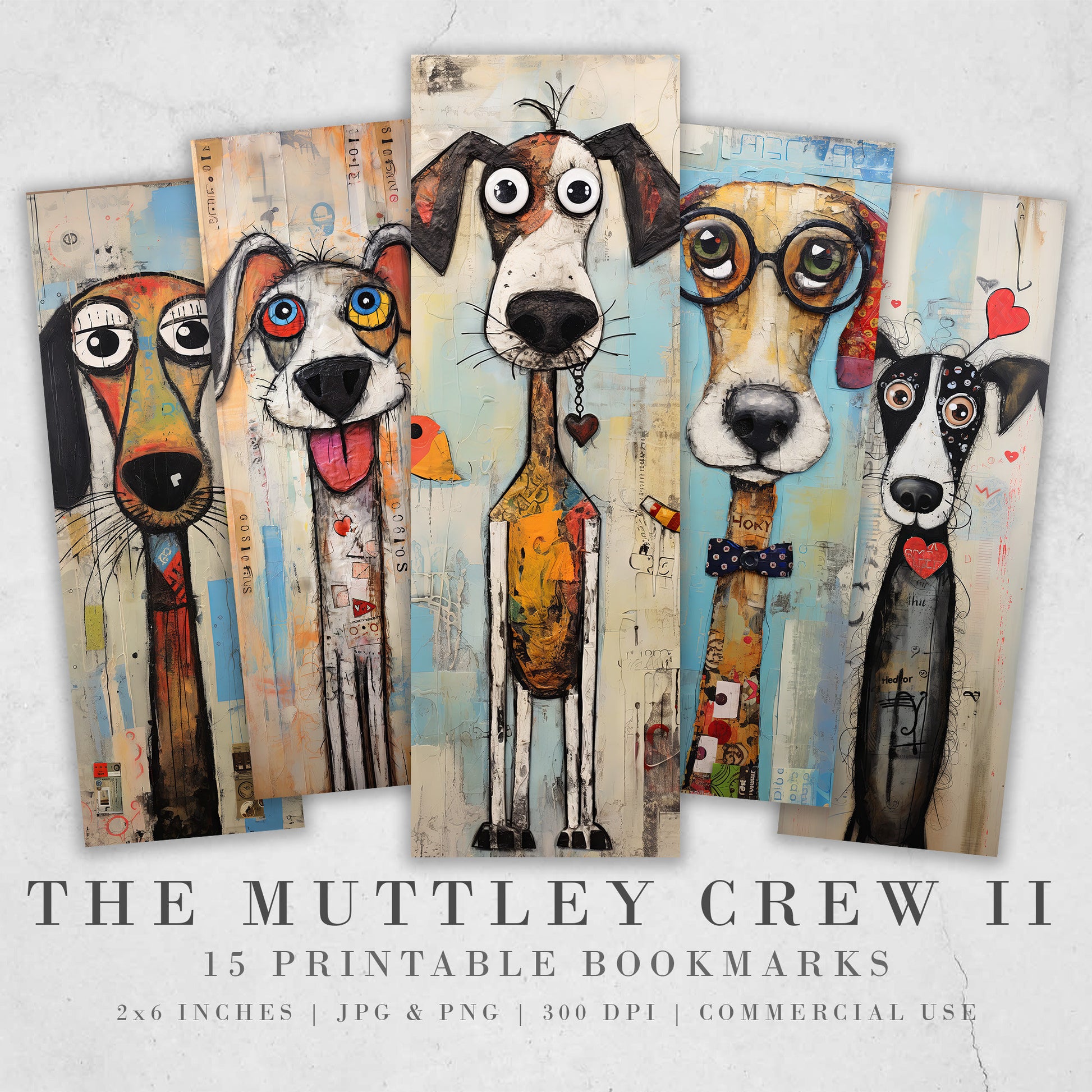 The Muttley Crew Printable Bookmarks| 15 Quirky Mixed Media Dog Bookmark Sheets| PNG bookmark sublimation| Whimsical Dogs Digital Bookmarks