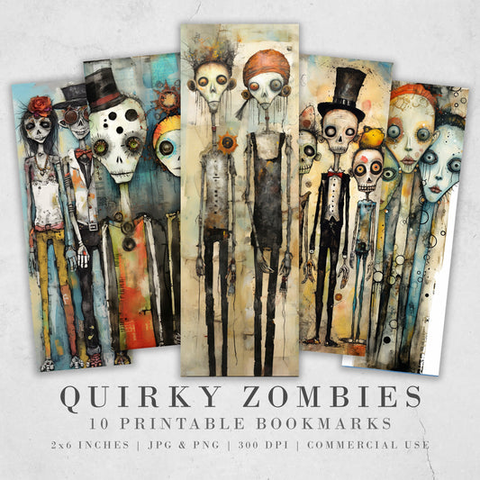 10 Quirky Zombies Printable Bookmarks | Digital Download JPG Bookmark Set| PNG bookmark sublimation | Halloween bookmark set | Fussy Cuts